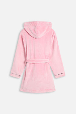 Displays the Juicy Pink 'Juicy' branded Plush Crest Robe