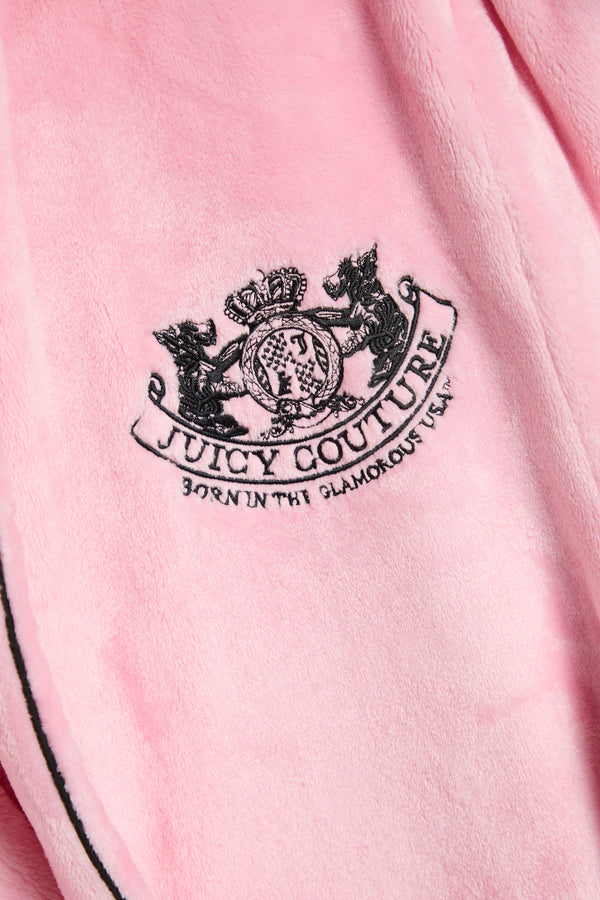 Displays the Juicy Pink 'Juicy' branded Plush Crest Robe featuring the juicy logo branding