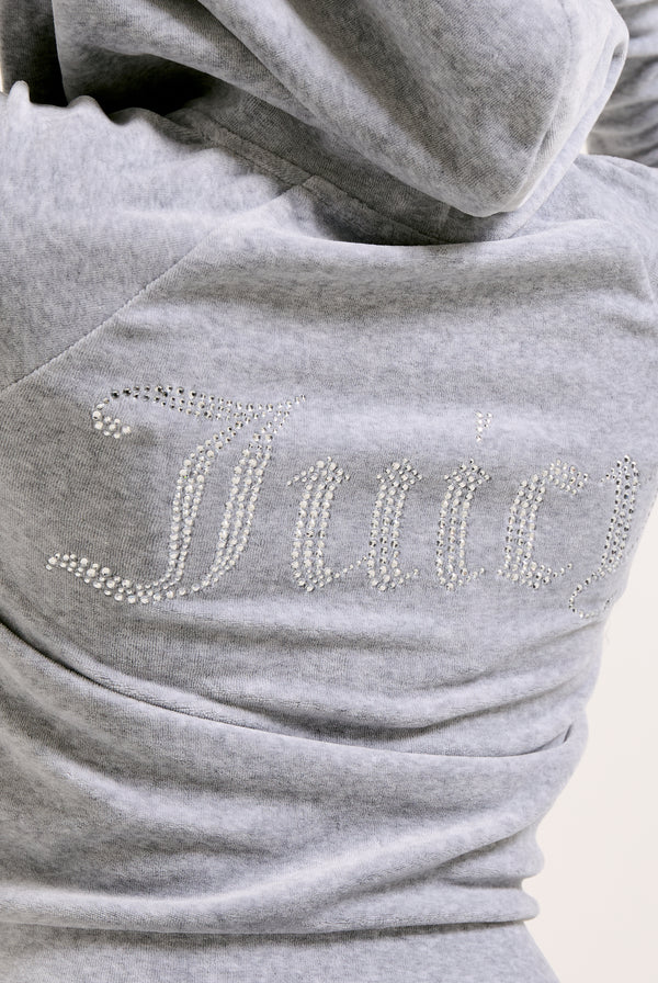 Displays the Silver Marl Diamanté 'Juicy' branded cotton velour zip-through hoodie featuring the Juicy branding 