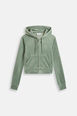 Displays the Chinois Green 'Juicy' branded diamanté velour zip-through hoodie 