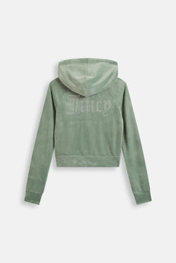 Displays the Chinois Green 'Juicy' branded diamanté velour zip-through hoodie 