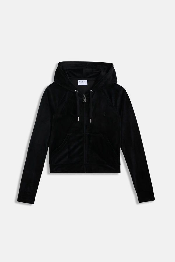 Displays the Black 'Juicy' branded outline diamanté velour zip-through hoodie 