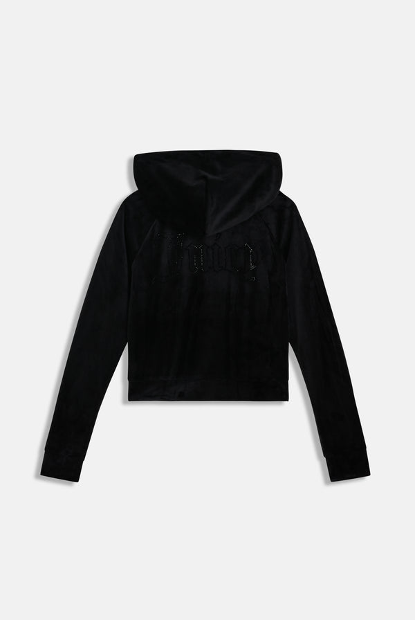 Displays the Black 'Juicy' branded outline diamanté velour zip-through hoodie 
