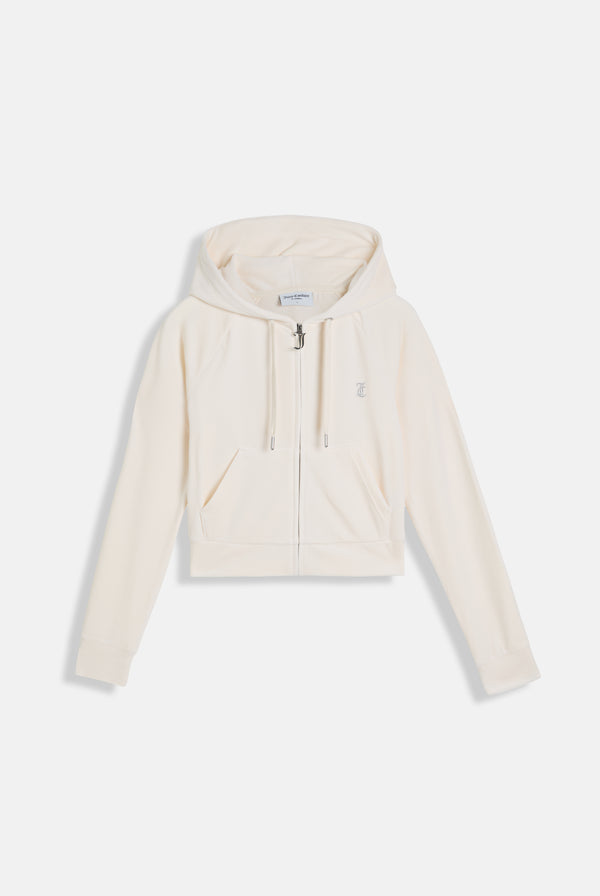 Displays the cream 'juicy' branded cream outline diamanté velour zip-through hoodie 
