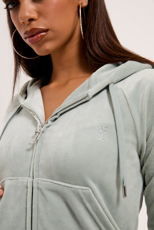 PURITAN GREY OUTLINE DIAMANTÉ VELOUR ZIP-THROUGH HOODIE