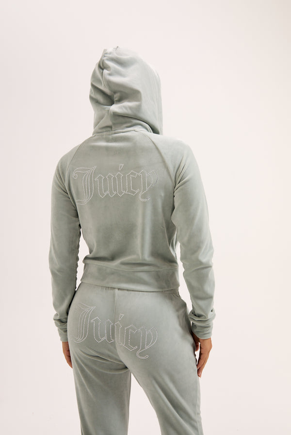 PURITAN GREY OUTLINE DIAMANTÉ VELOUR ZIP-THROUGH HOODIE