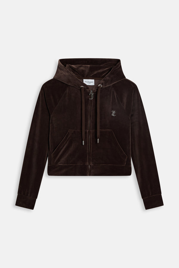 Displays the Java 'Juicy' branded Diamanté Velour Zip-Through Hoodie