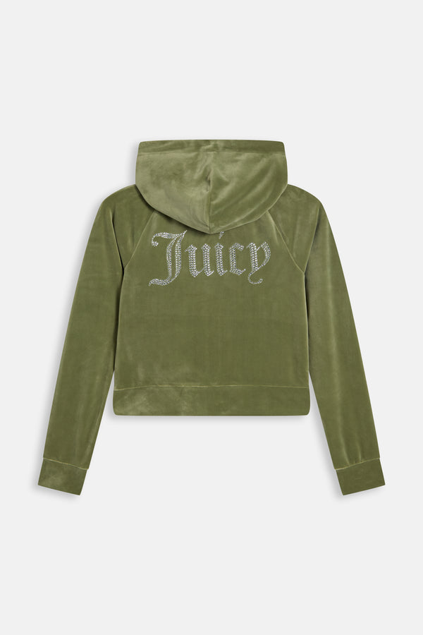 Displays the Oil Green 'Juicy' branded Diamanté Velour Zip-Through Hoodie