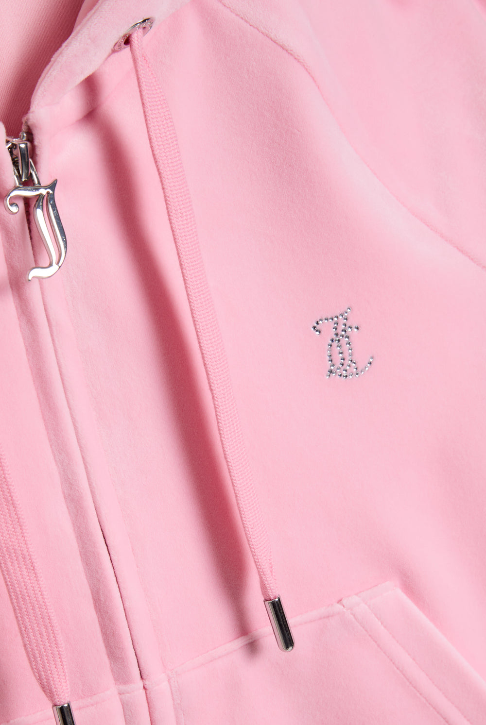 Displays the juicy pink 'juicy' branded diamanté velour zip-through hoodie featuring the juicy logo
