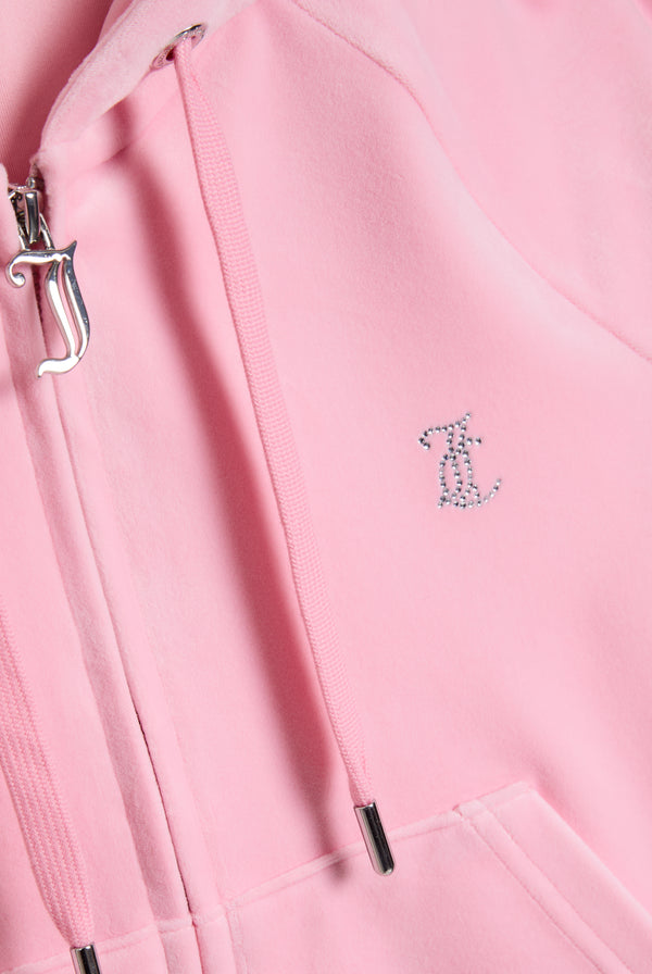 Displays the juicy pink 'juicy' branded diamanté velour zip-through hoodie featuring the juicy logo