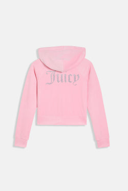 Displays the juicy pink 'juicy' branded diamanté velour zip-through hoodie 