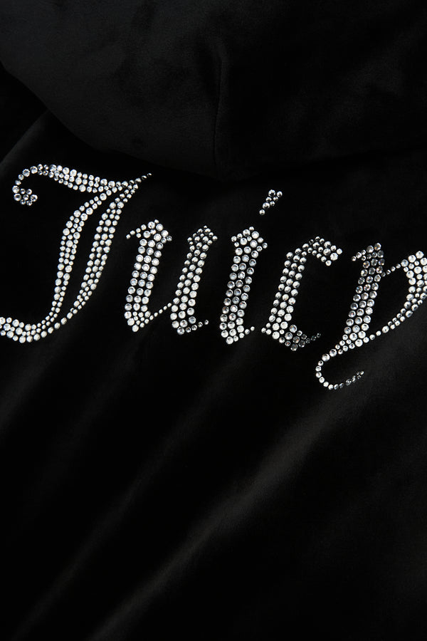 Displays the Black velour hoodie featuring the Juicy branding 