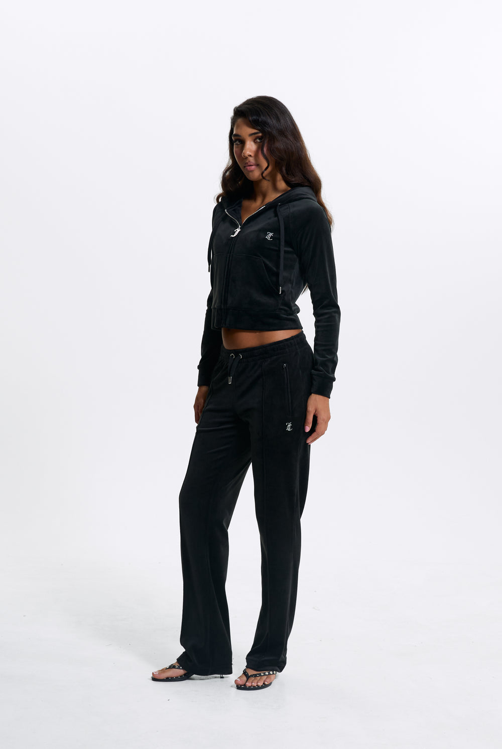 BLACK DIAMANTÉ VELOUR ZIP-THROUGH HOODIE