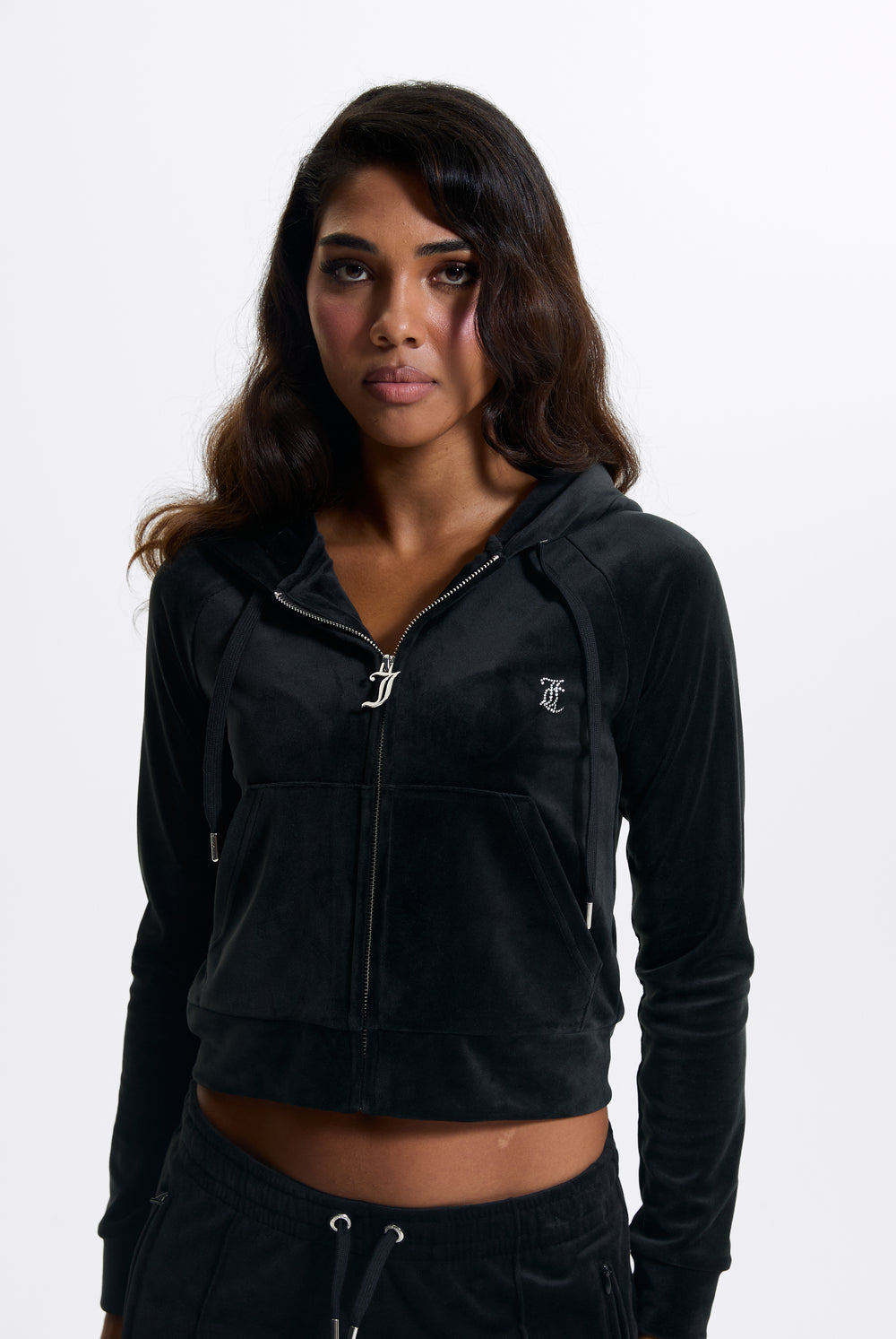 BLACK DIAMANTÉ VELOUR ZIP-THROUGH HOODIE