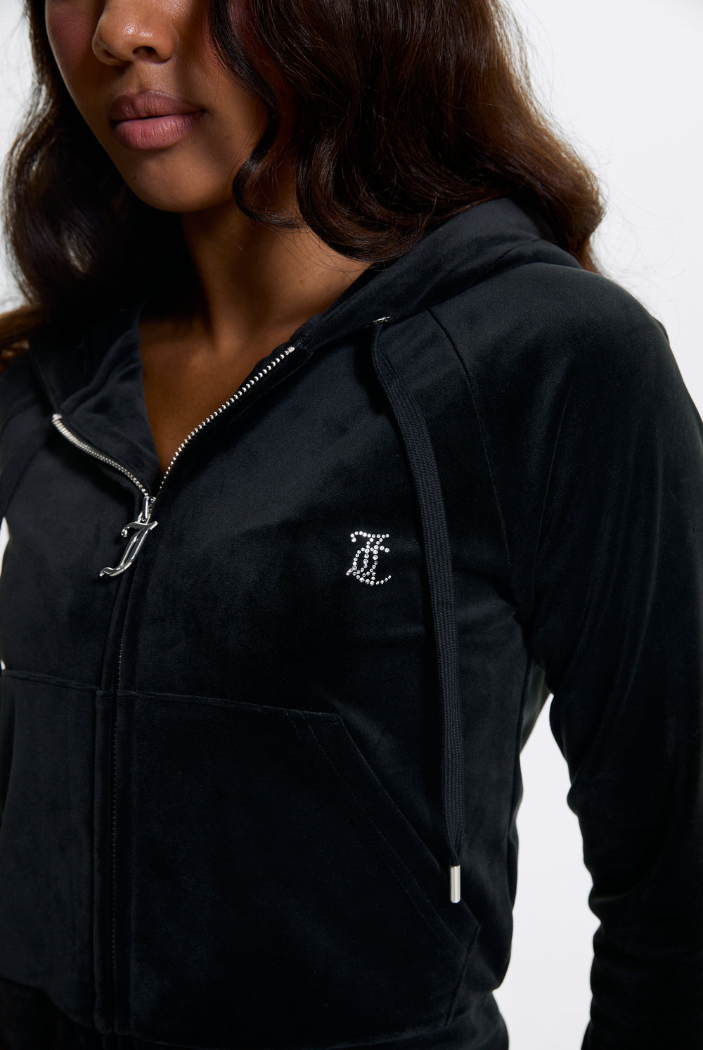 BLACK DIAMANTÉ VELOUR ZIP-THROUGH HOODIE