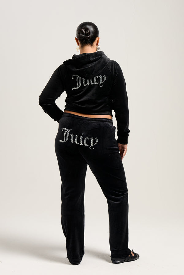 Black velour tracksuit with diamanté embellishments, mid-rise fit, and adjustable drawstring waist.