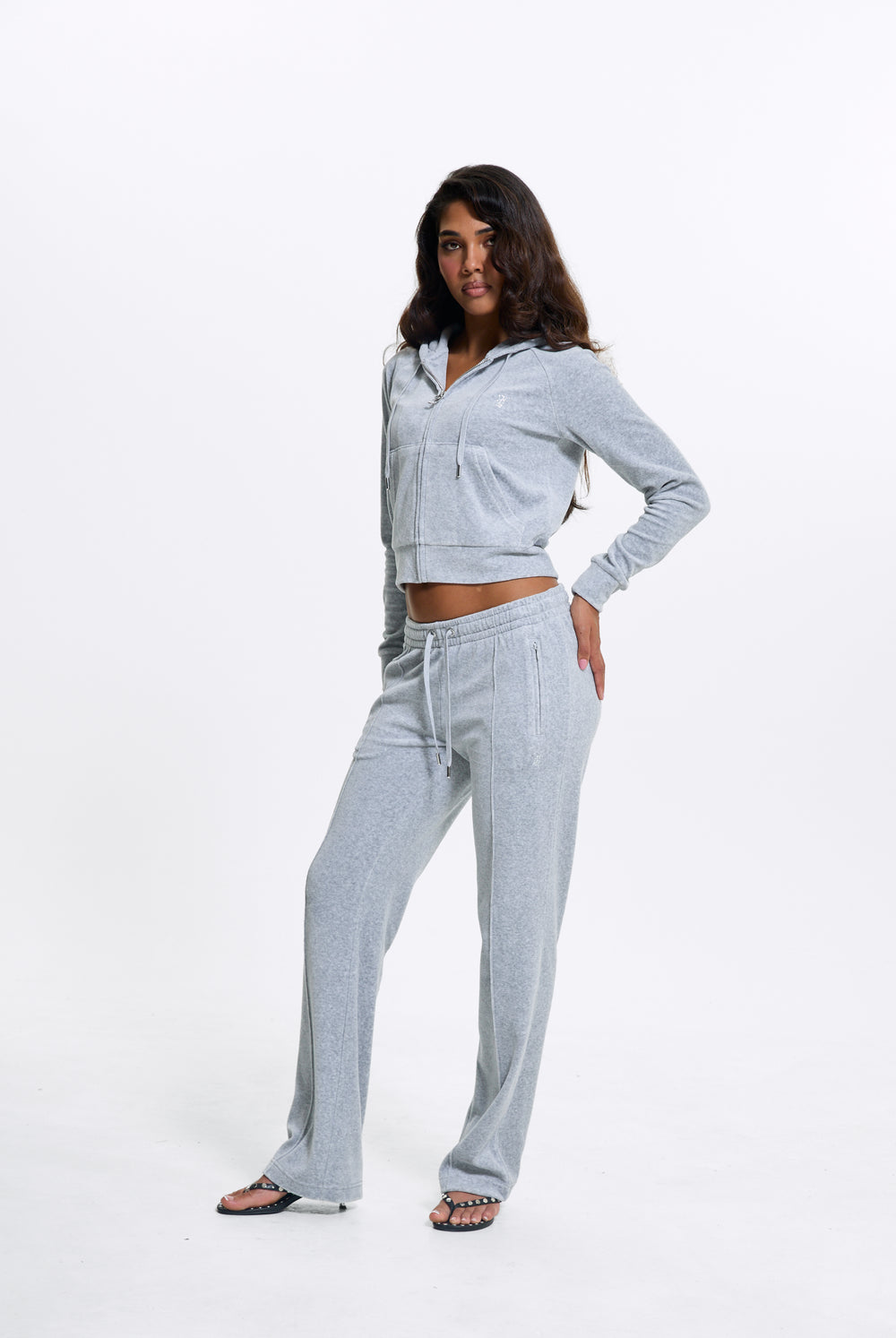 SILVER MARL COTTON VELOUR DIAMANTÉ TRACKSUIT BOTTOM