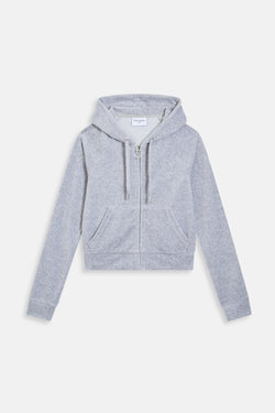 Displays the Silver Marl Diamanté 'Juicy' branded cotton velour zip-through hoodie