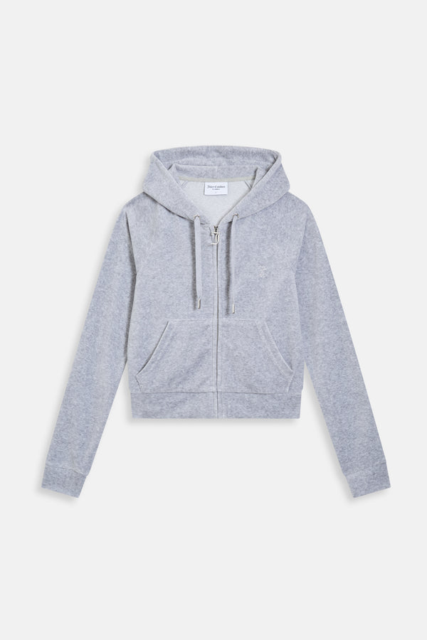 Displays the Silver Marl Diamanté 'Juicy' branded cotton velour zip-through hoodie