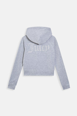 Displays the Silver Marl Diamanté 'Juicy' branded cotton velour zip-through hoodie