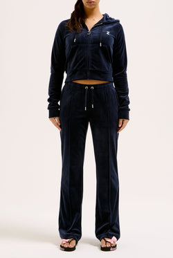 Displays a model wearing the Night Sky Diamanté 'Juicy' branded velour zip-through hoodie  