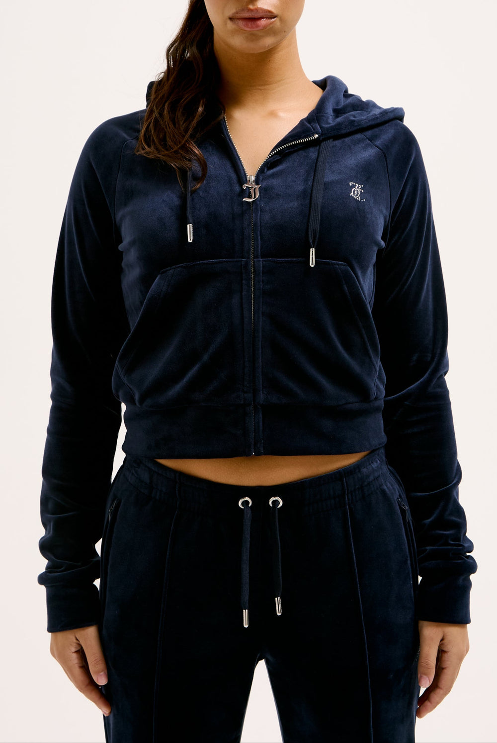 Displays a model wearing the Night Sky Diamanté 'Juicy' branded velour zip-through hoodie  
