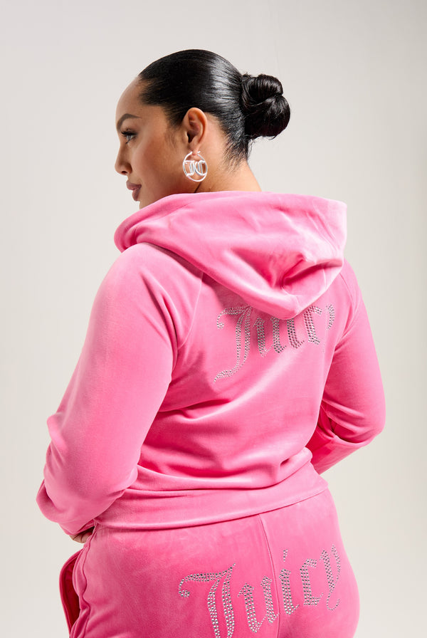 HOT PINK DIAMANTÉ VELOUR ZIP-THROUGH HOODIE