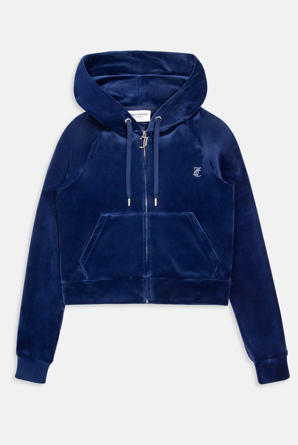 BLUE DEPTHS DIAMANTÉ VELOUR ZIP-THROUGH HOODIE