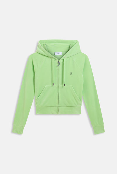 PISTACHIO GREEN OUTLINE DIAMANTÉ VELOUR ZIP-THROUGH HOODIE