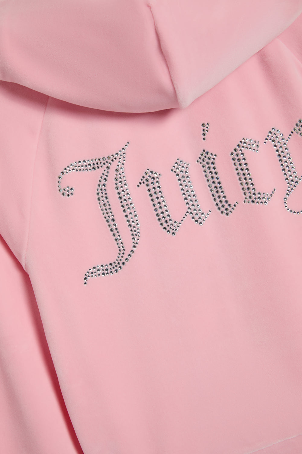 Displays the juicy pink 'juicy' branded diamanté velour zip-through hoodie featuring the juicy branding