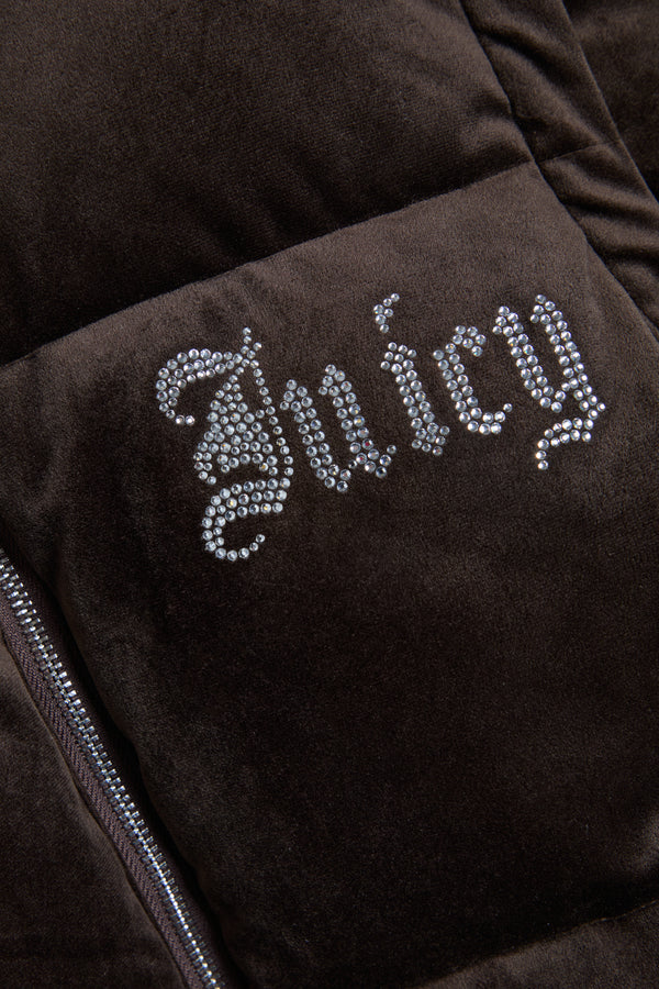 Displays the Java 'Juicy' branded Old Gothic Diamanté Puffa Jacket featuring the juicy branding 