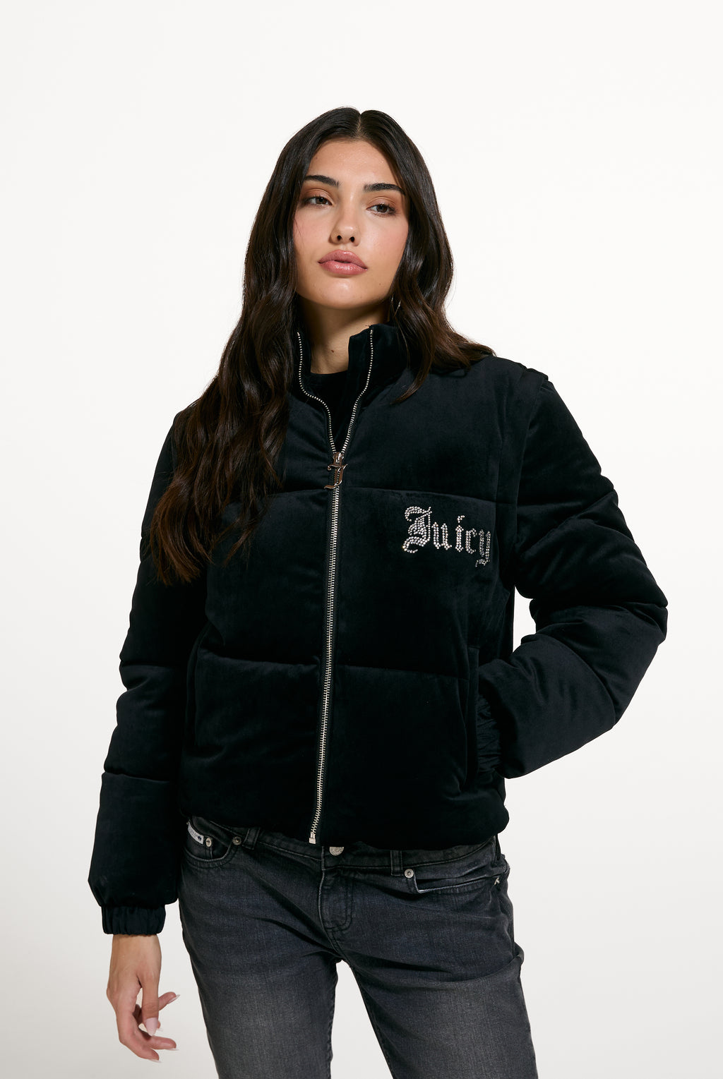 Black Diamanté Detachable Puffer Jacket