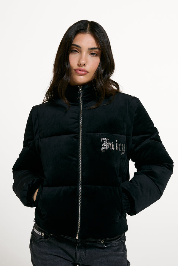 Displays a model wearing the Black 'Juicy' branded Old Gothic Diamanté Puffa Jacket