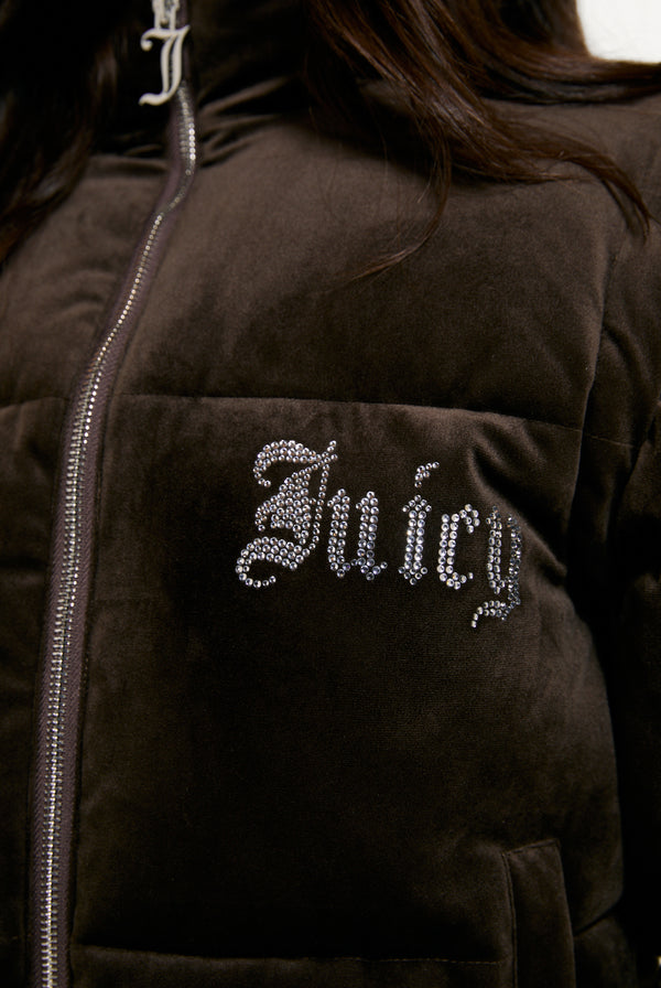 Displays the Java 'Juicy' branded Old Gothic Diamanté Puffa Jacket featuring the juicy branding