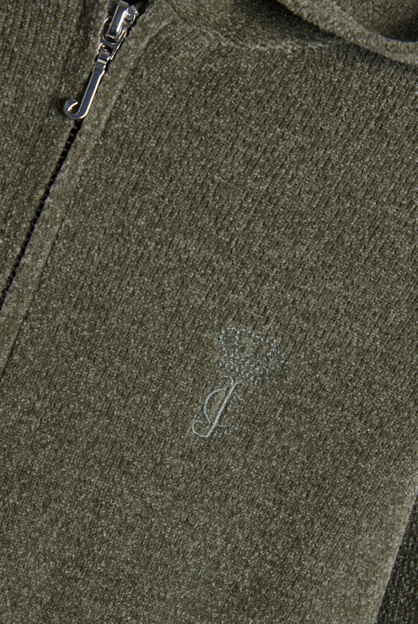Displays the Oil Green 'Juicy' branded Luxe Knit Hoodie featuring the juicy couture branding 