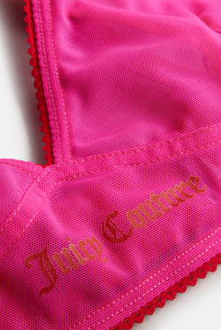 Displays the Pink Glow 'Juicy' branded mesh scallop edge triangle bra featuring the juicy Couture branding