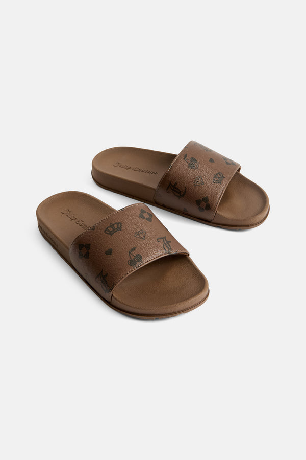 Displays the Black & Brown 'Juicy' branded monogram print sliders 