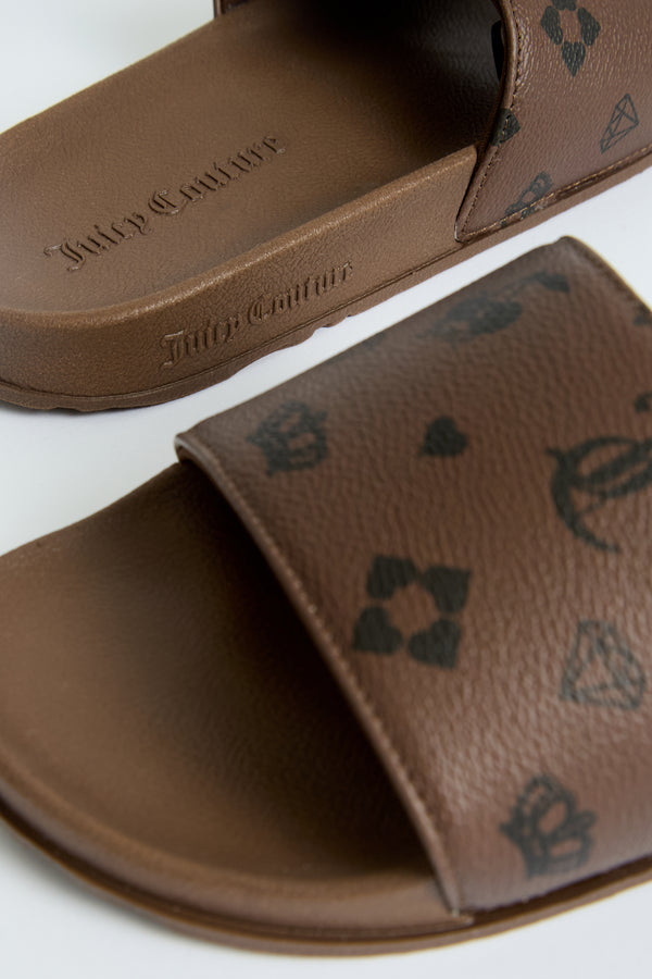 Displays the Black & Brown 'Juicy' branded monogram print sliders 