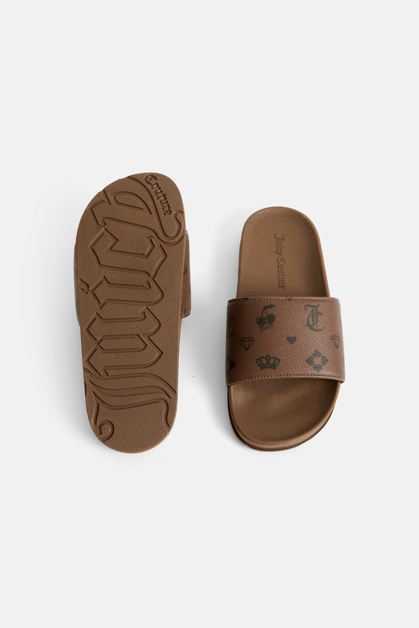 Displays the Black & Brown 'Juicy' branded monogram print sliders 