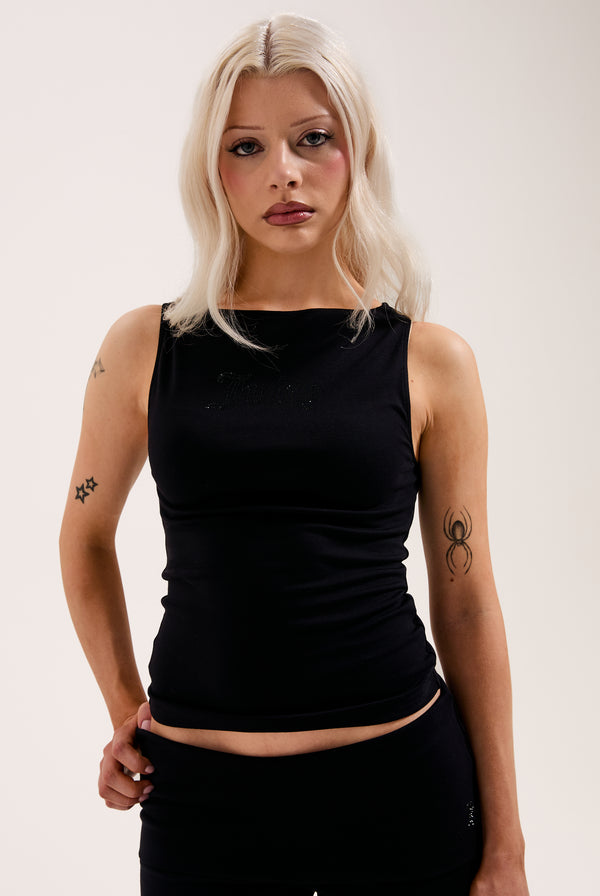 BLACK MODAL DIAMANTÉ BOATNECK TOP