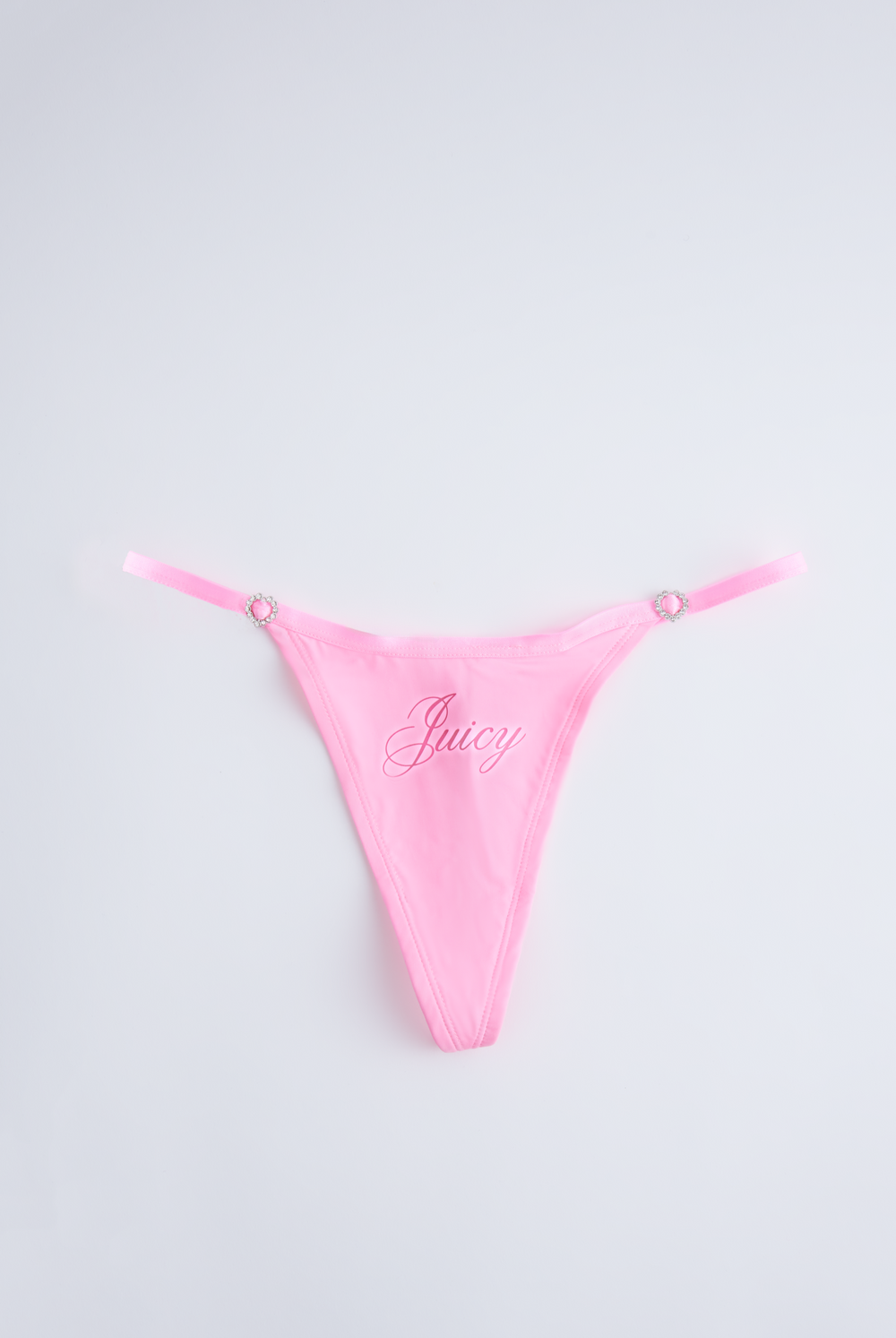 Displays the Pink 'Juicy' branded microfibre script print thong