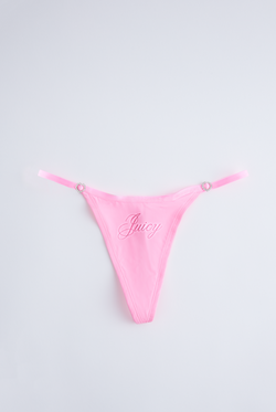 Displays the Pink 'Juicy' branded microfibre script print thong