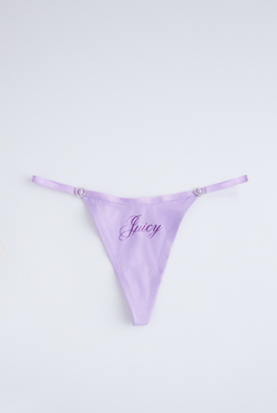 Displays the purple 'Juicy' branded microfibre script print thong