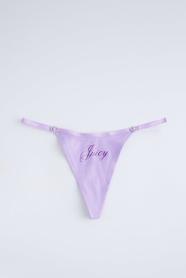 Displays the purple 'Juicy' branded microfibre script print thong