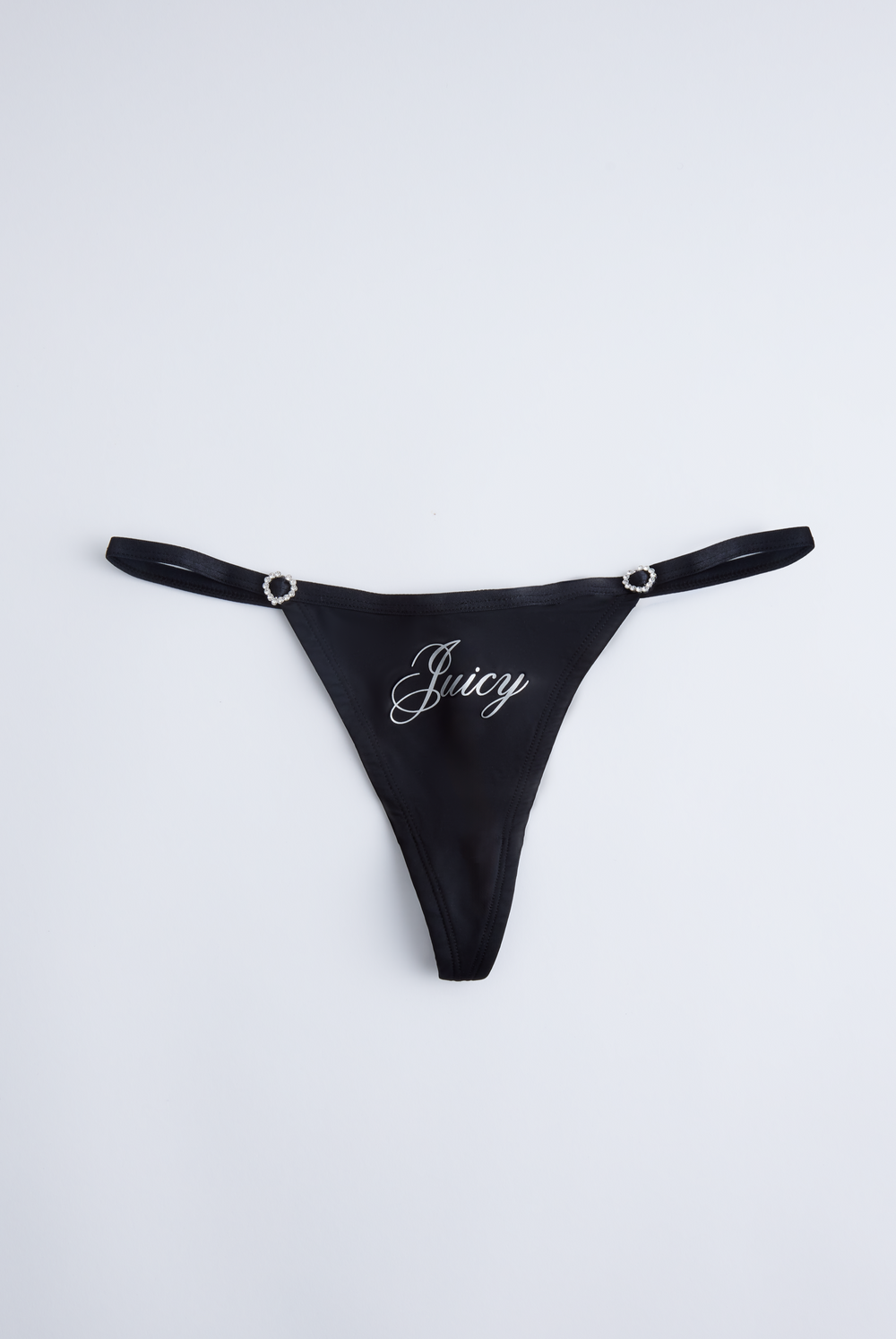 Displays the Black 'Juicy' branded microfibre script print thong