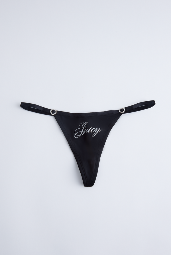 Displays the Black 'Juicy' branded microfibre script print thong
