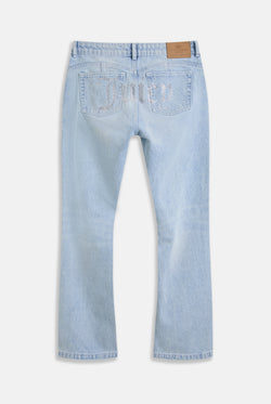 Displays the Light Wash 'Juicy' branded Diamanté bootcut jeans  