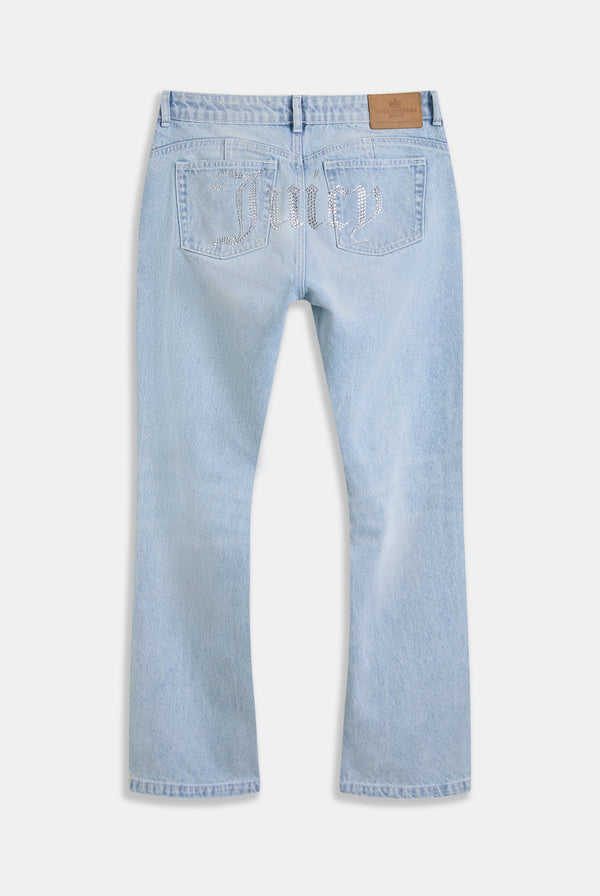 Displays the Light Wash 'Juicy' branded Diamanté bootcut jeans  