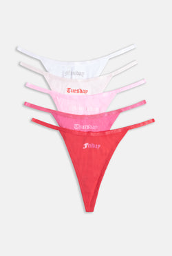 Displays the 'Juicy' branded Monday to Friday pack of 5 gothic print thongs 