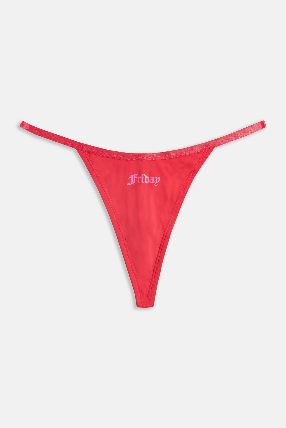 Displays the 'Juicy' branded Friday gothic print thong